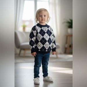 Kids' Navy Argyle Sweater with Bear Pattern